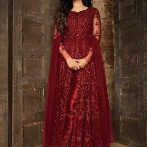 LASHKARAA Deep Red Embroidered Anarkali